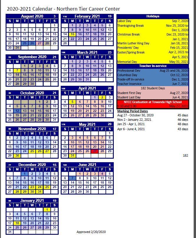 2020-2021 NTCC School Calendar